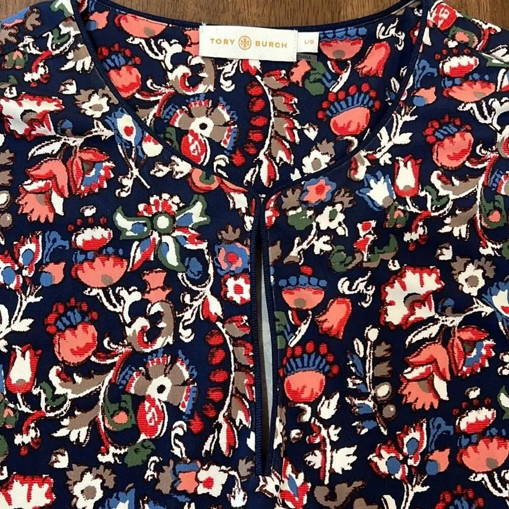 Tory Burch Floral Folk Print Long Sleeve Dress V-Neck Keyhole Stretch Knit L